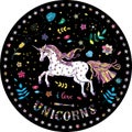 Vector illustration of Cute starry unicorn in the blooming garden inside black round with stars