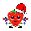 Vector illustration of cute strawberry fruit christmas or character holding lamp color. cute strawberry fruit Concept White