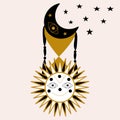 Vector illustration with cute sun, moon and hour glass