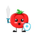 Vector illustration of cute tomato mascot or character fighting with sword and shield. cute tomato Concept White Isolated. Flat Royalty Free Stock Photo