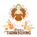 Vector illustration with cute turkey character, autumn leaves and lettering isolated on white background. Illustration for