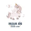 Vector illustration Cute Unicorn in Boho style, cartoon doodle background with text - Dream Big little one Royalty Free Stock Photo