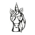 Vector illustration of cute unicorn face wearing sunglasses. Royalty Free Stock Photo