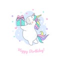 Vector illustration of a cute unicorn with a gift, children`s birthday picture