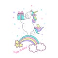 Vector illustration of a cute unicorn with a gift, children`s birthday picture