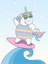 Vector illustration cute unicorn surfer, Sweet magic with a unicorn. Cute cartoon style doodle unicorn with quote