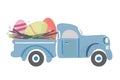 Simple cute vintage truck carrying Easter eggs