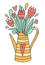 Vector illustration of a cute watering can with a bouquet of flowers. Colorful illustration in cartoon style. Symbol of spring,