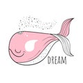 Vector illustration of a Cute whale.Scandinavian motives. Cartoon background. Emoji