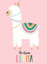 Vector illustration of a cute white alpaca in clothes with national motives with an inscription No drama llama on a pink backgroun Royalty Free Stock Photo