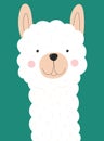 Vector illustration of cute white face llama or alpaca on a green background. Image on South American theme for children, cards, i