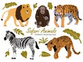 Vector illustration of cute wild safari African animals. Including , lion, leopard, zebra, tiger, monkey with cub Funny Royalty Free Stock Photo