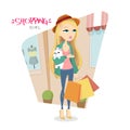 Vector illustration with cute young blonde girl with dog