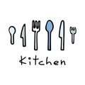 Vector illustration of cutlery in doodle style. Forks, knives and spoons. Lettering Kitchen. Royalty Free Stock Photo