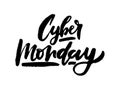 Vector illustration of Cyber Monday text for card/ banner. Handwritten calligraphy Cyber monday tag/ badge template. Lettering typ