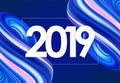 Vector illustration: 3D Blue neon colored abstract twisted fluide shape with 2019. Trendy design. Royalty Free Stock Photo