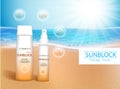 Vector illustration. 3d bottles with sun protection cosmetic products on tropic beach. Sunblock cream and tanning oil spray bottle