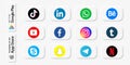 Vector illustration of 3D buttons of Popular social media and social network applications. Neumorphism style. For editorial use