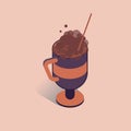 Vector illustration with 3D coffee cup with cappuccino and tubule. Coffee container in isometric flat style