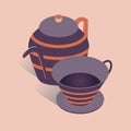 Vector illustration with 3D coffee or tea pot with cup. Kettle in isometric flat style