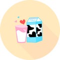 Vector illustration of dairy products milk packing and a glass of milk. Milk box and glass in circle icon with long shadow vector.