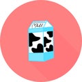 Vector illustration of dairy products packing of milk. Milk box in circle icon with long shadow vector.