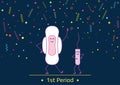 Vector illustration of dancing menstrual pad and tampon. First woman menstruation period party time. Menstruation period and femin