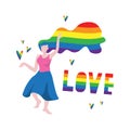 Vector illustration of dancing white woman with lgbt rainbow color flag hairs and word