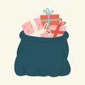 Vector illustration of the dark blue bag with three gifts pink, and red colors.