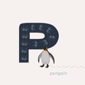 Vector illustration. Blue letter P with penguins footprints, a cartoon penguin. Animal alphabet. Royalty Free Stock Photo