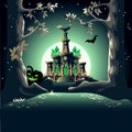 Dark castle in a magical forest with tall trees