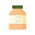 Vector illustration of a dark glass bottle with dietary supplement with label. Healthy balanced diet vitamins minerals nutrition