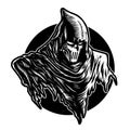 Vector illustration of Dark Grim Reaper with Mask, Dark Hood on the Black White background. For mascot logo design in modern