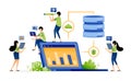 Vector illustration of data processing for display on a laptop using a secure network and accessible database. Can be used for