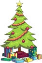 Vector illustration of a decorated Christmas tree with various presents underneath. Royalty Free Stock Photo