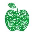 Vector illustration of decorative ornamental green apple with leaf, isolated on the white background. Royalty Free Stock Photo