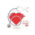 Vector illustration dedicated to world heart day. Stethoscope, heart and red cross. Banner, poster, sign. For various Royalty Free Stock Photo