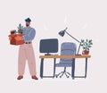 Vector illustration of Deeply upset depressed man employee crying standing and holding in hands things in cardboard box