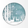 Vector illustration of deer in forest with snow in the winter season and Christmas. Design paper art and crafts.