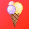 Ice cream grape vanilla strawberry scoops waffle cone. on a red background. Vector illustration. Royalty Free Stock Photo