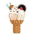 Icecream cookie cream scoops waffle cone. on white background. Vector illustration