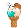 Icecream blueberry cookie cream scoops waffle cone. on white background. Vector illustration