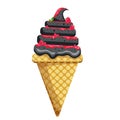 Ice cream black sesame scoops waffle cone raspberry jam. on white background. Vector Illustration. Royalty Free Stock Photo