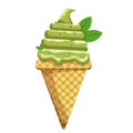 Ice cream green tea scoops waffle cone. on white background. Vector Ilustration.