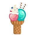 Icecream strawberry blueberry scoops waffle cone. Vector illustration Royalty Free Stock Photo