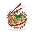 Vector illustration of delicious Japanese ramen noodle on bowl