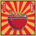 Vector illustration of delicious Japanese ramen noodle on bowl with vintage retro flat style Royalty Free Stock Photo