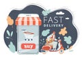 Vector illustration of delivery concept. ourier ride his scooter with box near online shop. Shopping using smatphone on Royalty Free Stock Photo