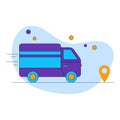 Vector Illustration Of Delivery Truck Tracking Location Pin On Blue And White