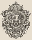 Vector illustration. demon skull with snake vintage engraving ornament Royalty Free Stock Photo